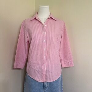 LL Bean Women's Red White Striped Seersucker Button Down 3/4 Sleeve Shirt Small